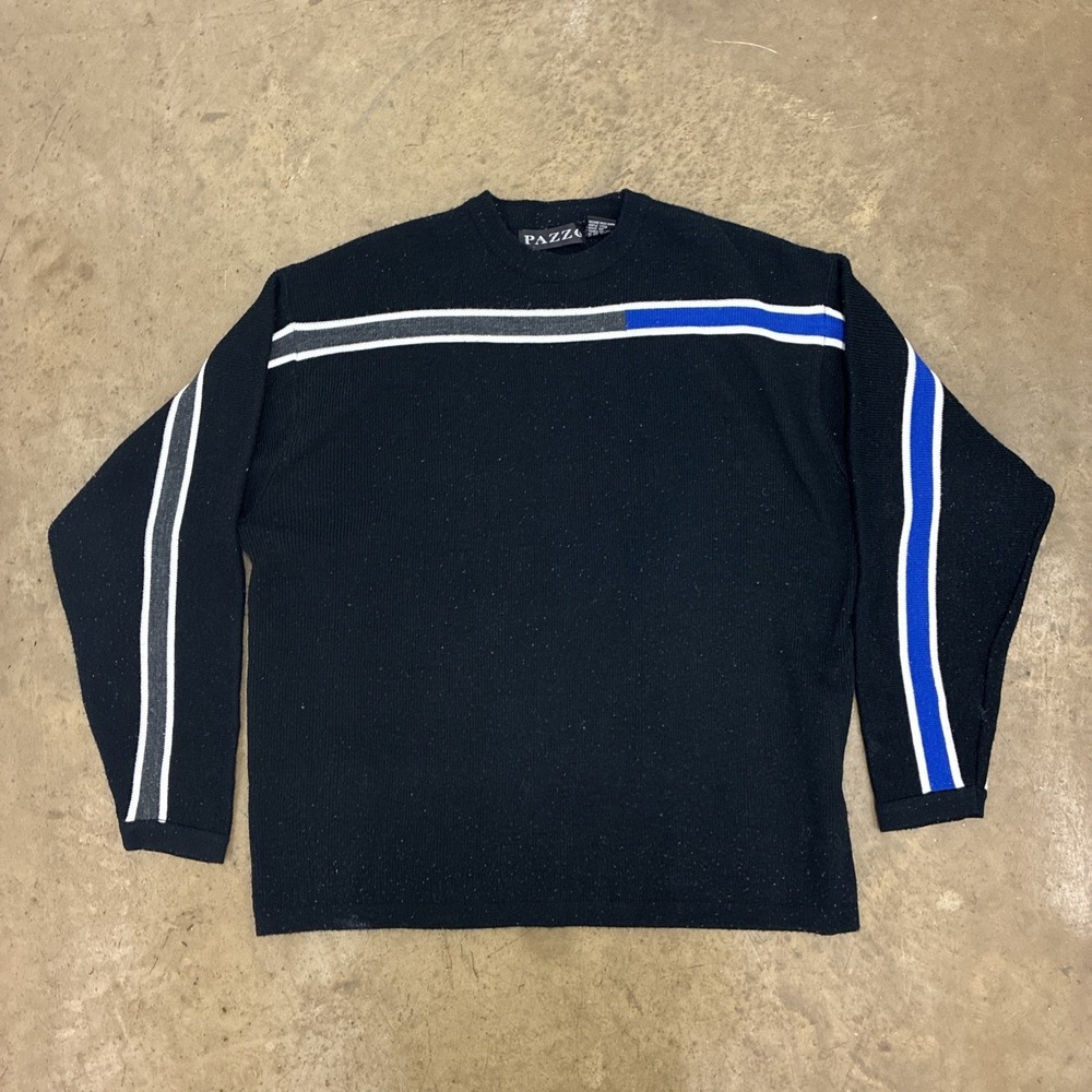 Pazzo Men's XL Crew Neck Pullover Knit Sweater Black Blue White Stripe Acrylic